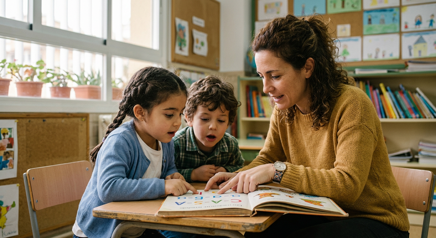 Una maestra señala las letras de un cuento mientras dos niños pequeños la siguen con atención